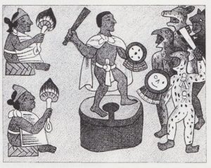 Aztecs ceremony depicting a shaman surrounded by disciples holding large entheogenic mushrooms.